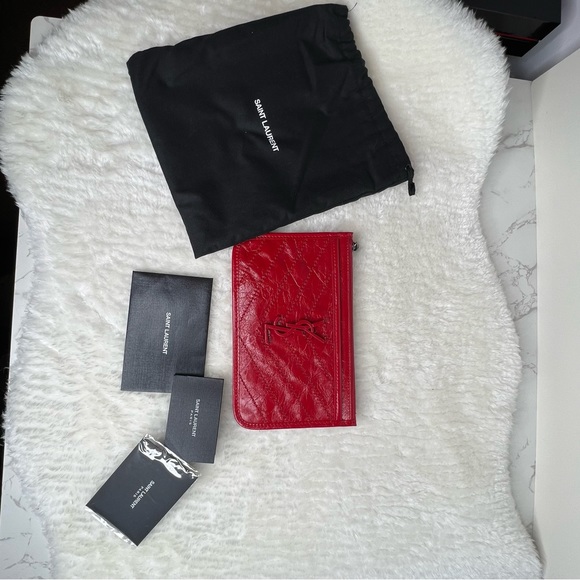 Saint Laurent Red Crinkled Leather Niki Bill Pouch Wallet - Picture 10 of 10